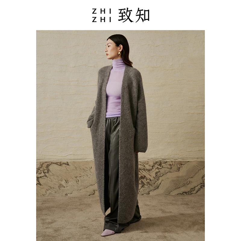 致知 醉秋 进口羊驼毛长款开衫外套女新款格雷系穿搭ZZ2CAKJL012