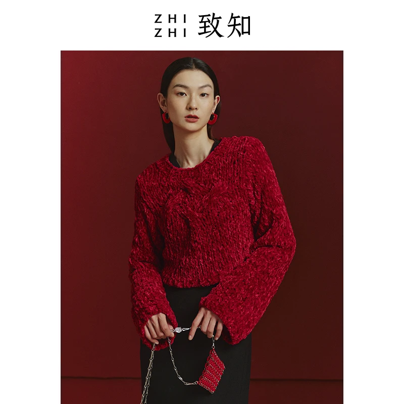 致知【橱窗】绵椿 23冬短款宽袖加厚保暖毛衣复古红ZZ2CWKZO003