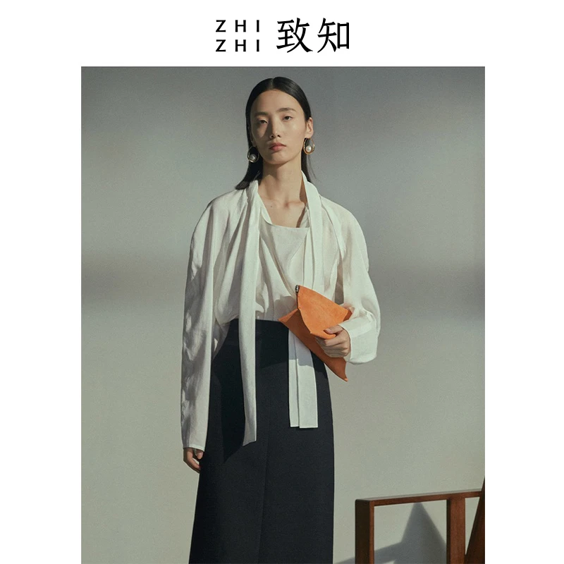 致知  陇泉 长袖女衬衫设计感法式白色气质飘带衬衣ZZ2CAWC2094