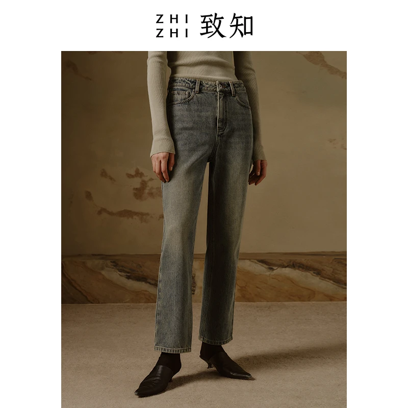 致知  明月斜 做旧直筒牛仔裤2023年新款流行复古修身ZZ2CWWHX009