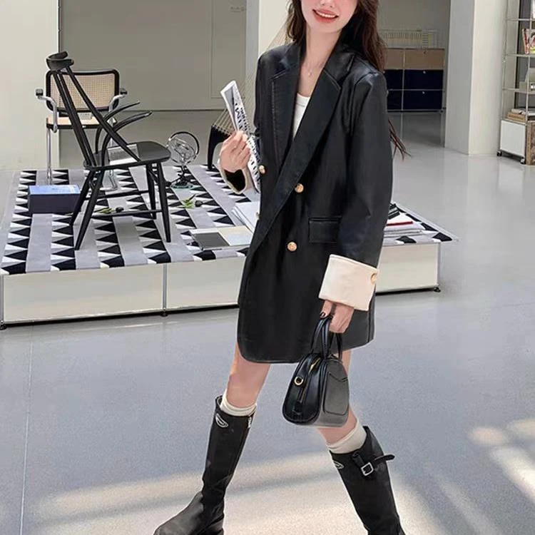 韩版宽松休闲设计感拼色高级感黑色pu皮衣外套 F8025