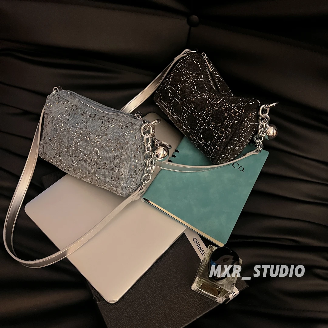 【闪耀时代】水钻枕头包2024新款夏季蓝色牛仔纹单肩包时尚斜挎小包