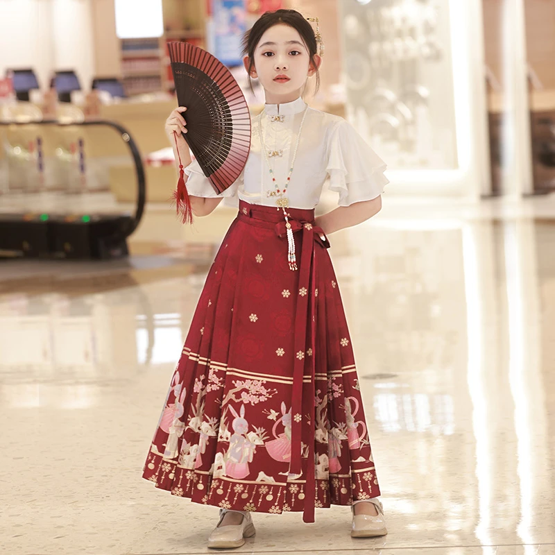 亲子装马面裙套装母女原创玉兔儿童汉服超仙中国风唐装夏季半身裙