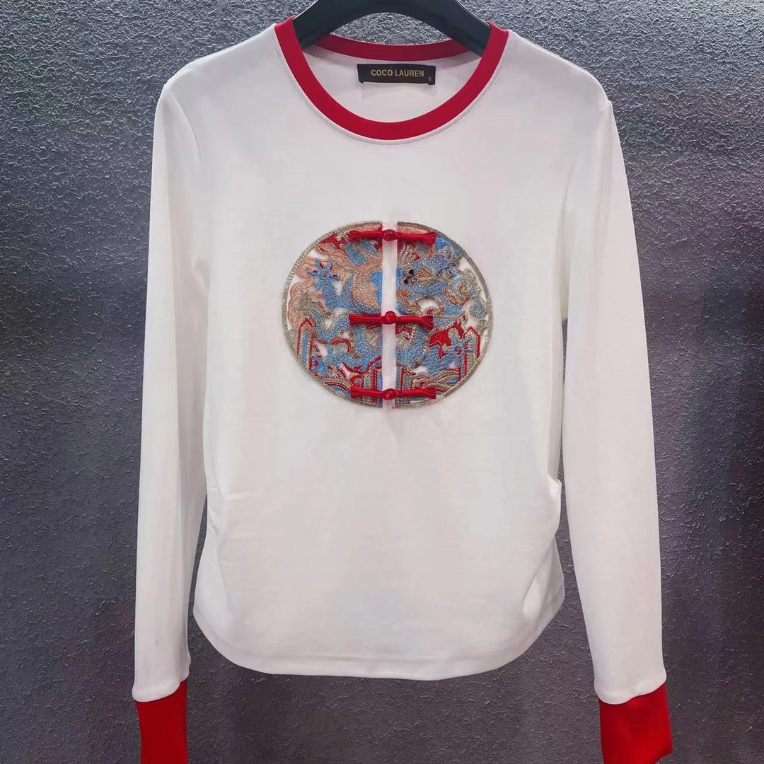 【有龍则灵】2024新中式印花新款白色圆领百搭轻奢长袖T恤女A21325