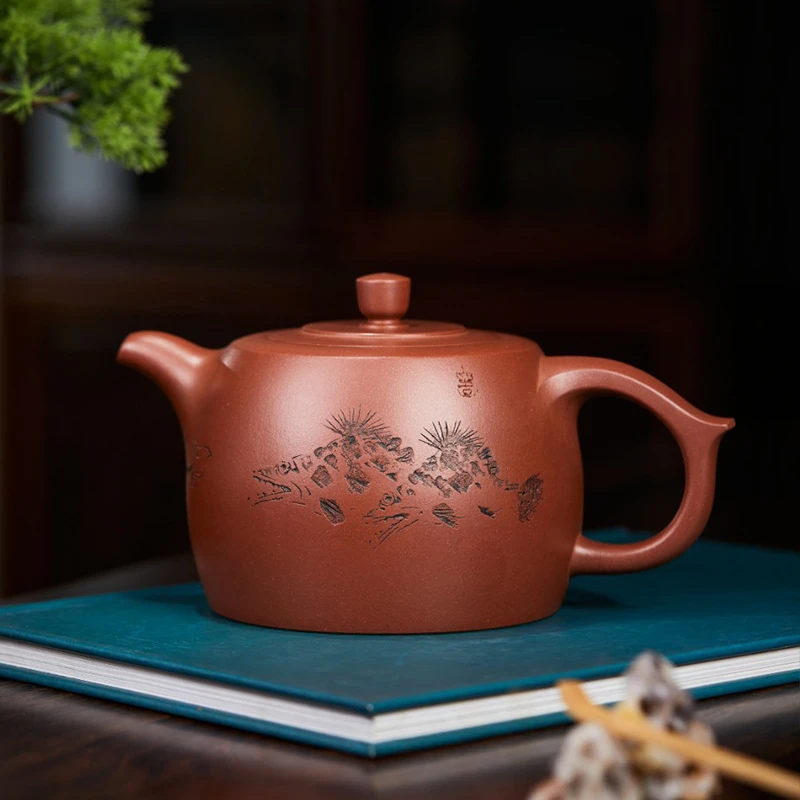 宜脉紫砂 宜兴原矿紫砂壶 周陶君 井栏 原紫泥 历上清刻绘 500cc