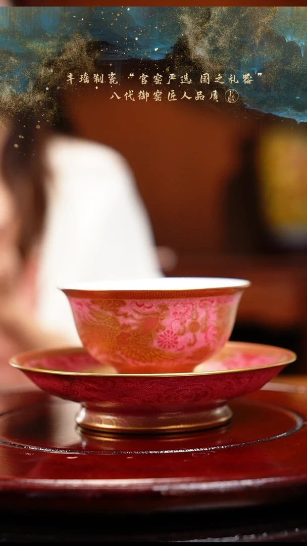 【闪购商品】碟国色丰瑶胭脂红描金扒花龙凤呈祥四爷杯碟