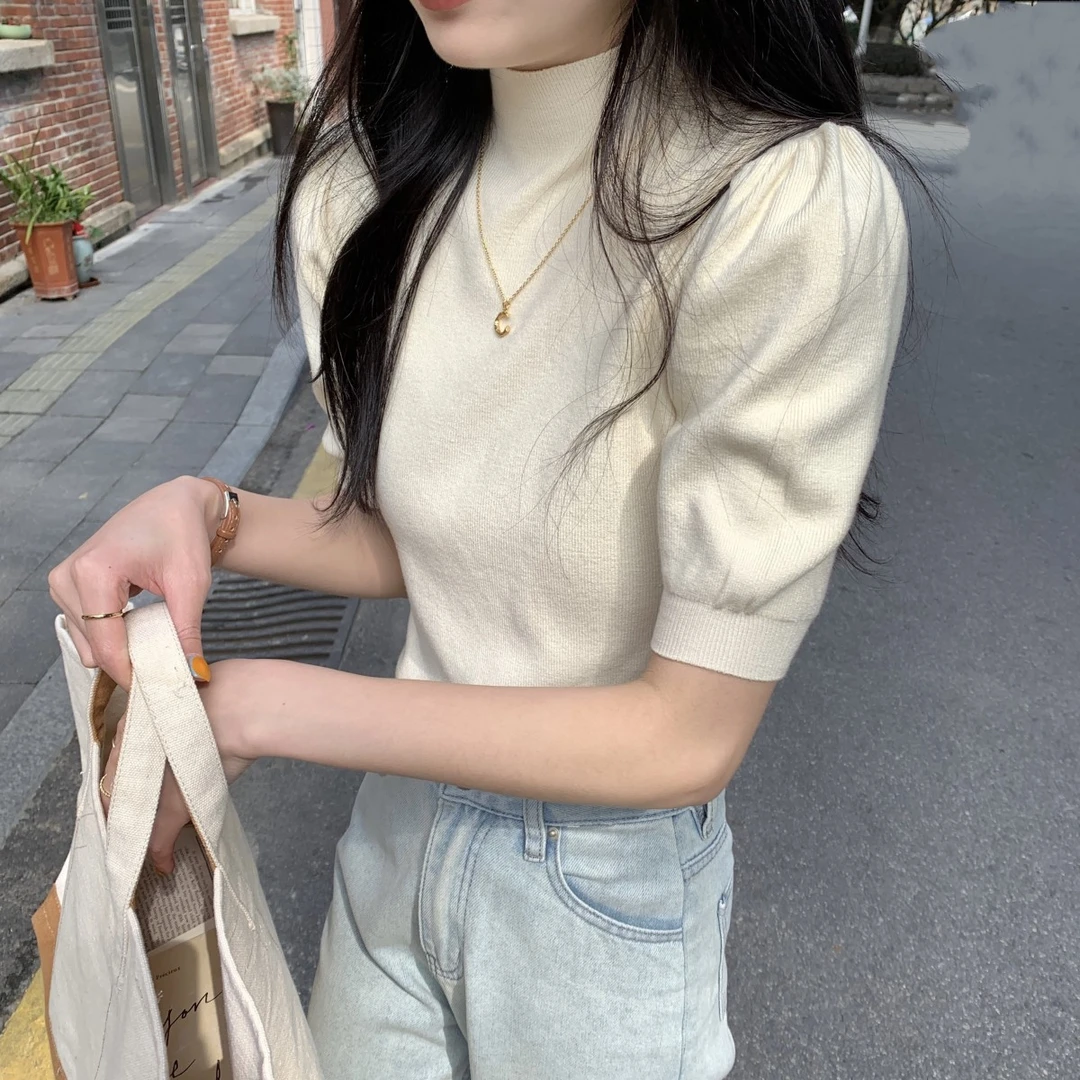 百搭气质半高领针织泡泡袖针织衫2024年春季女装修身显瘦短袖上衣