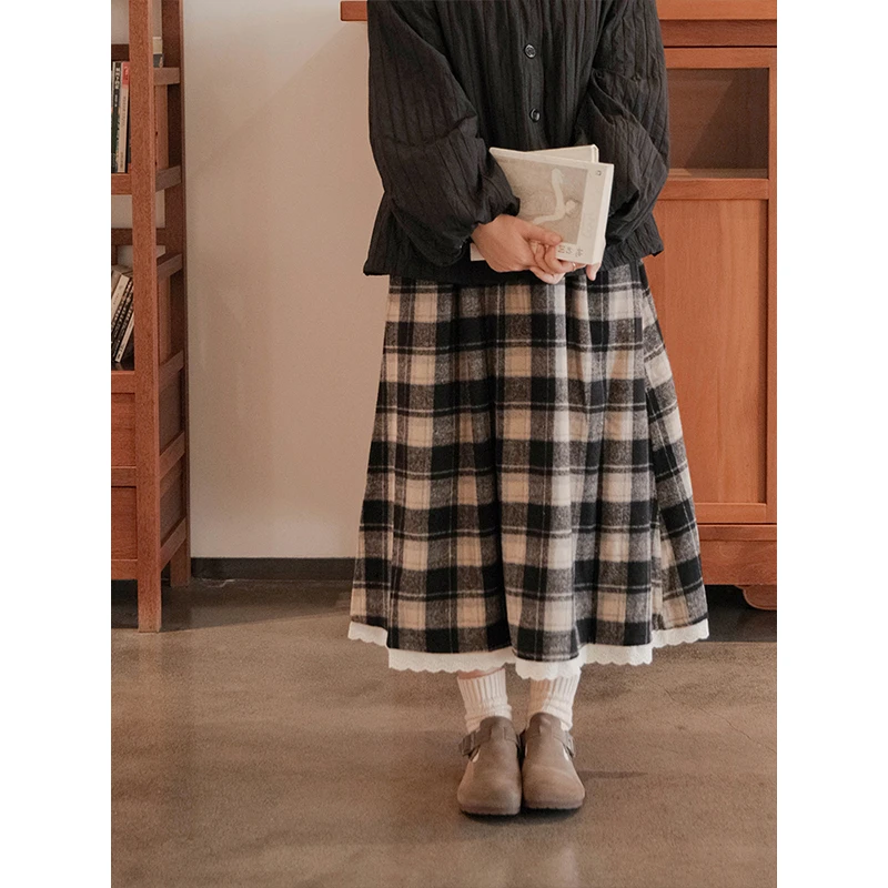 【沙琪玛】西兰花花法式经典黑白格A字半身裙松紧腰伞裙蕾丝拼接