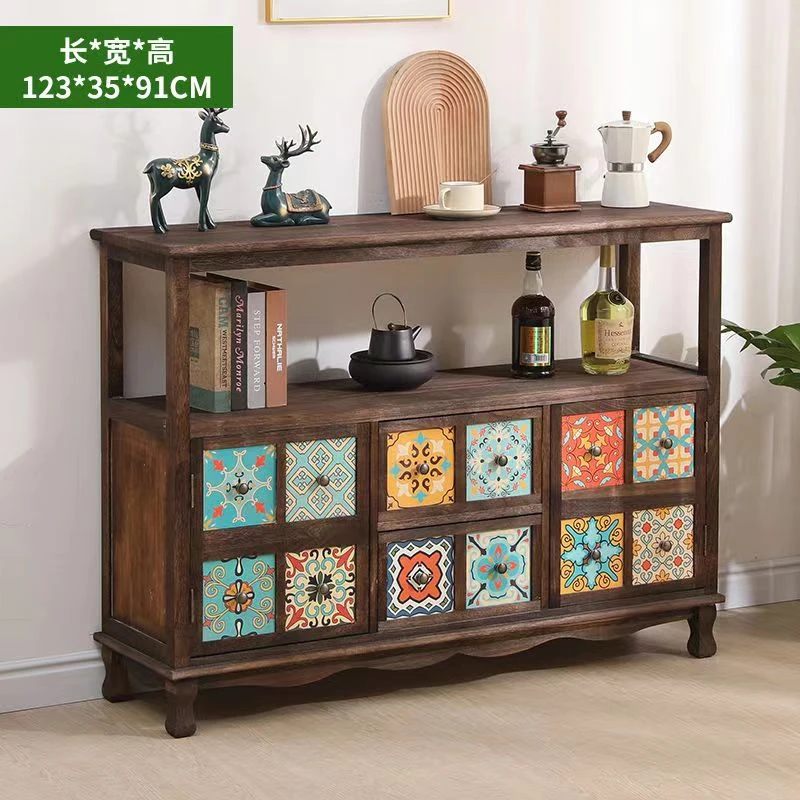 美式复古餐边柜实木客厅彩绘收纳柜多功能储物柜多层置物柜木斗柜