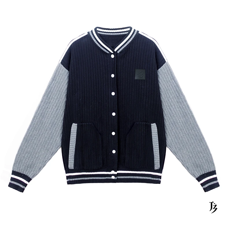 J3嚞叁 休闲百搭学院风拼接亲肤撞色秋冬复古气质针织棒球服