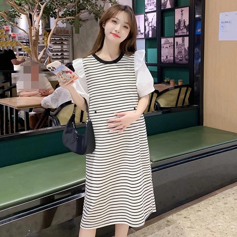 孕妇夏季连衣裙新款韩版宽松时尚孕妇装夏装假两件洋气条纹孕妇裙