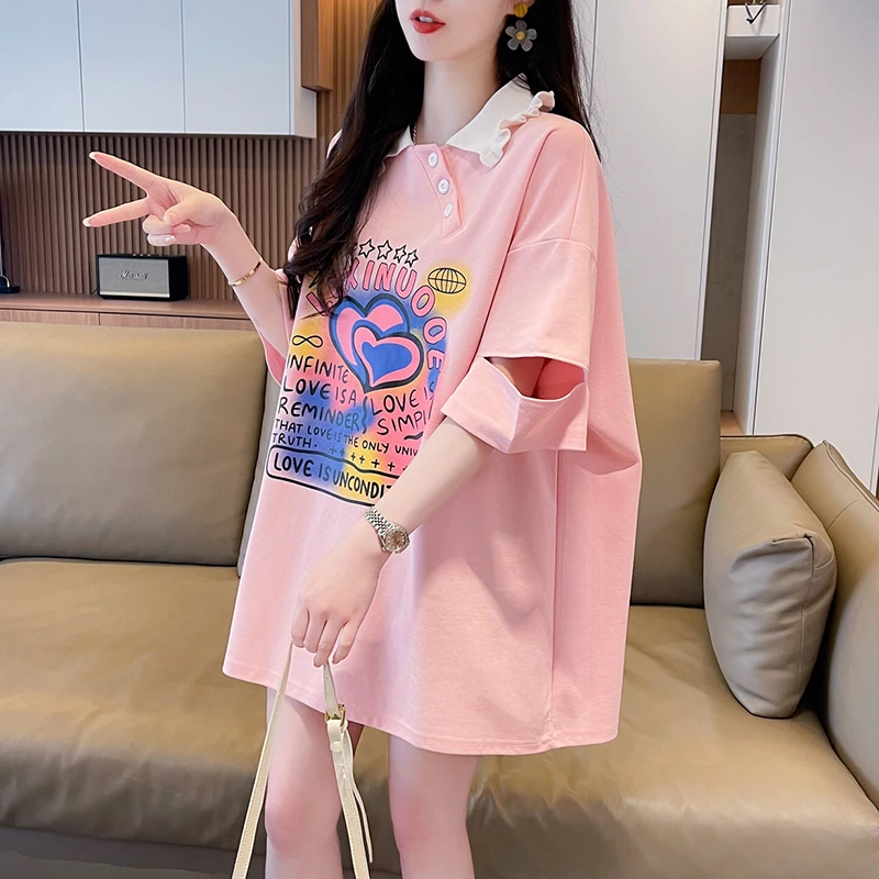 POLO领破洞短袖T恤女夏季新款宽松设计感小众洋气减龄大码上衣ins