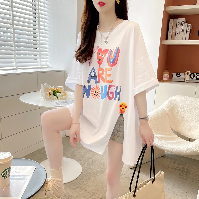 纯棉短袖t恤女夏季薄款2025新款宽松大码中长款大版开叉半袖上衣