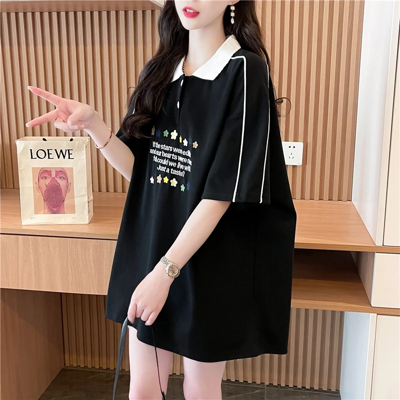 polo领短袖T恤女2025夏装新款欧货宽松大码胖mm翻领正肩半袖上衣