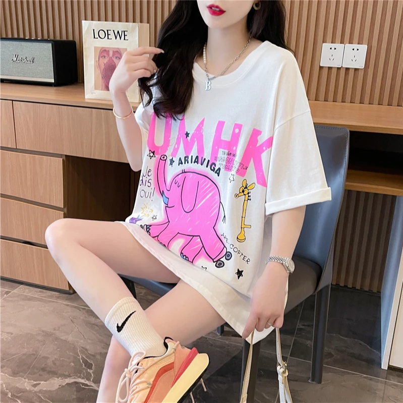 2025夏季新款纯棉短袖t恤女宽松时尚甜美大码百搭潮流中长款上衣