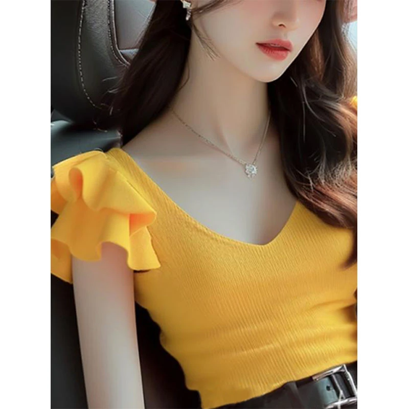 黄色小飞袖针织衫短袖t恤女2025新款初夏法式独特漂亮上衣高级感