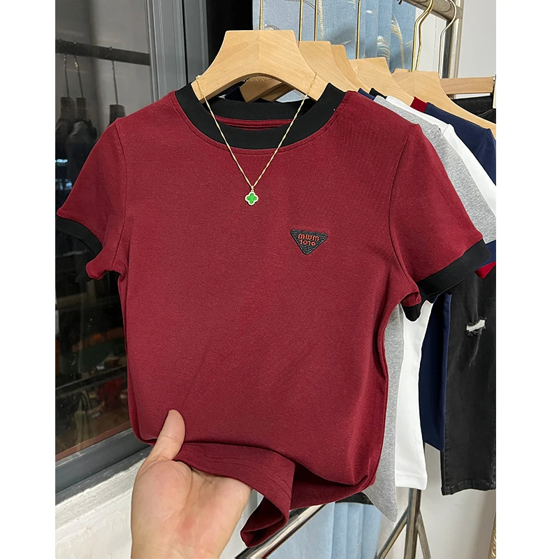 2024新款撞色修身百搭短袖T恤女夏季时尚小众设计感刺绣短袖上衣