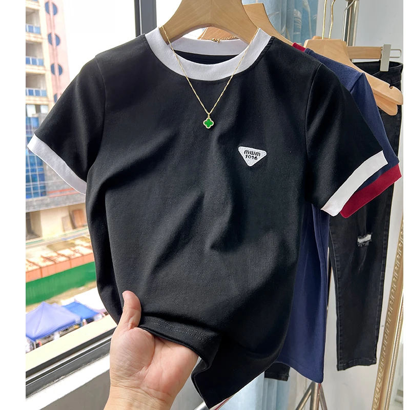 刺绣短袖T恤女2025新款质感撞色修身显瘦百搭时尚透气吸汗上衣