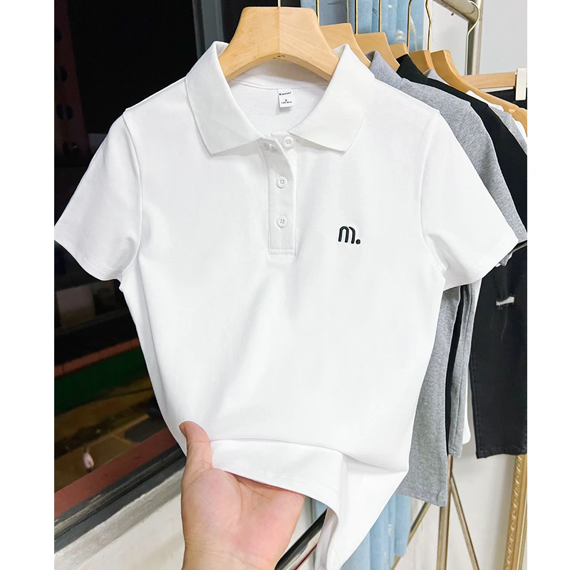 字母刺绣Polo衫修身显瘦短袖清新减龄棉T柔软亲肤百搭上衣