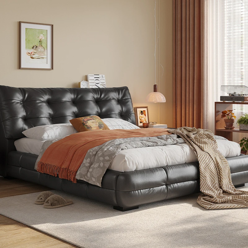 【达人专属】浪度天鹅真皮床法式复古大床主卧室软包黑色高端RCP390