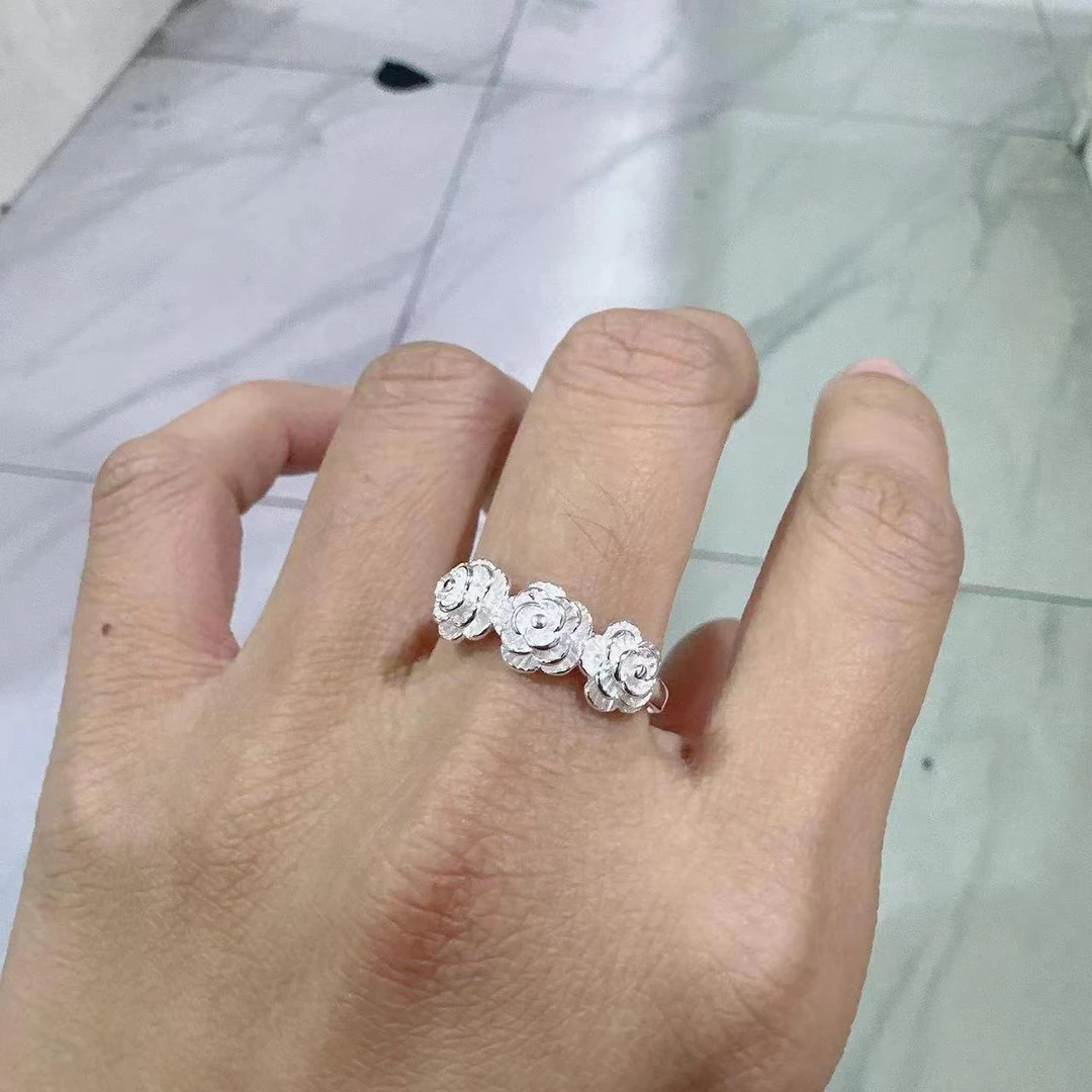 足银戒指 990足银戒指足银可调节三朵莲花戒指足银时尚戒指手工