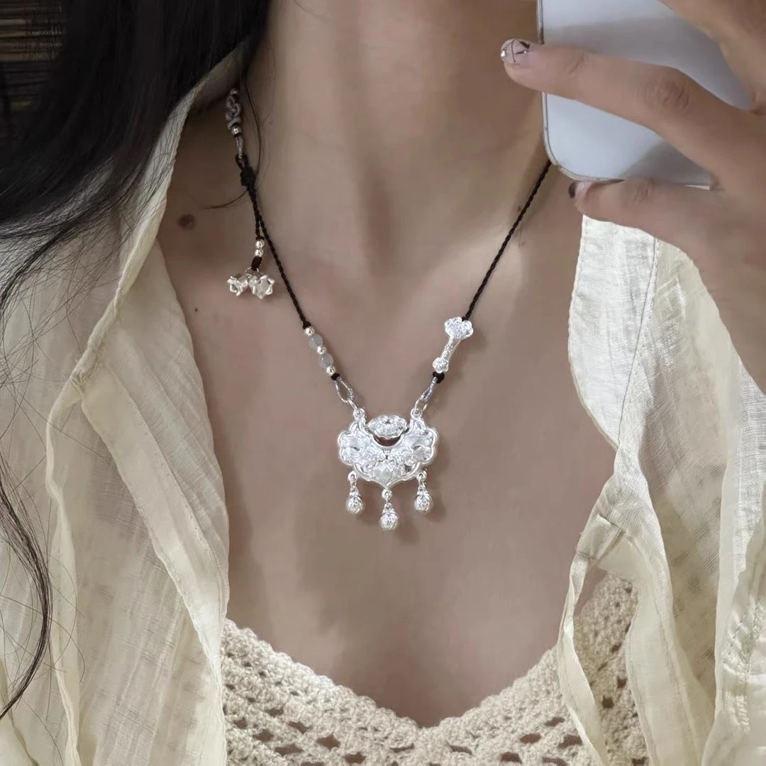 吊坠足银 纯银999锦鲤锁包吊坠平安锁编织项链百搭时尚宝宝长命锁