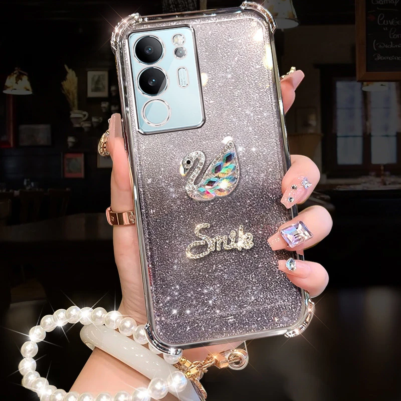 适用vivoS17Pro手机壳全包支架V2284A镶钻闪粉天鹅vivo珍珠S17Pro