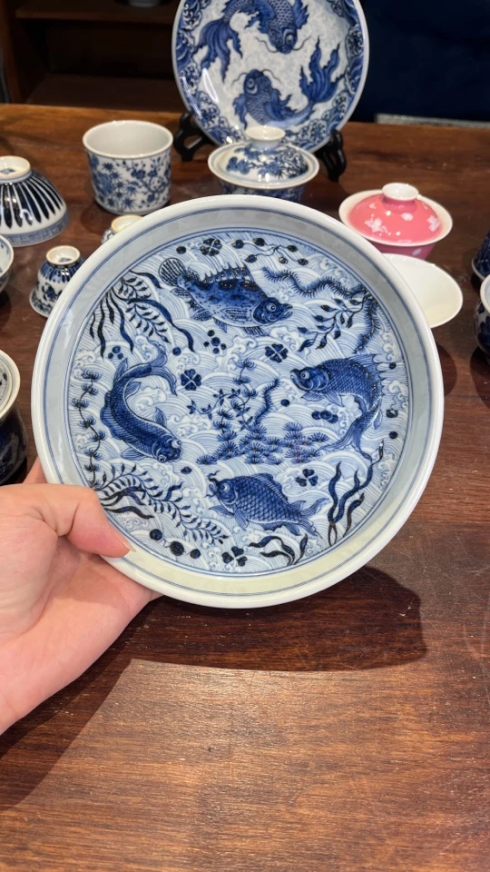 萍云然坊青花柴窑鱼藻纹壶承赏盘叶云林老师直径18.3左右