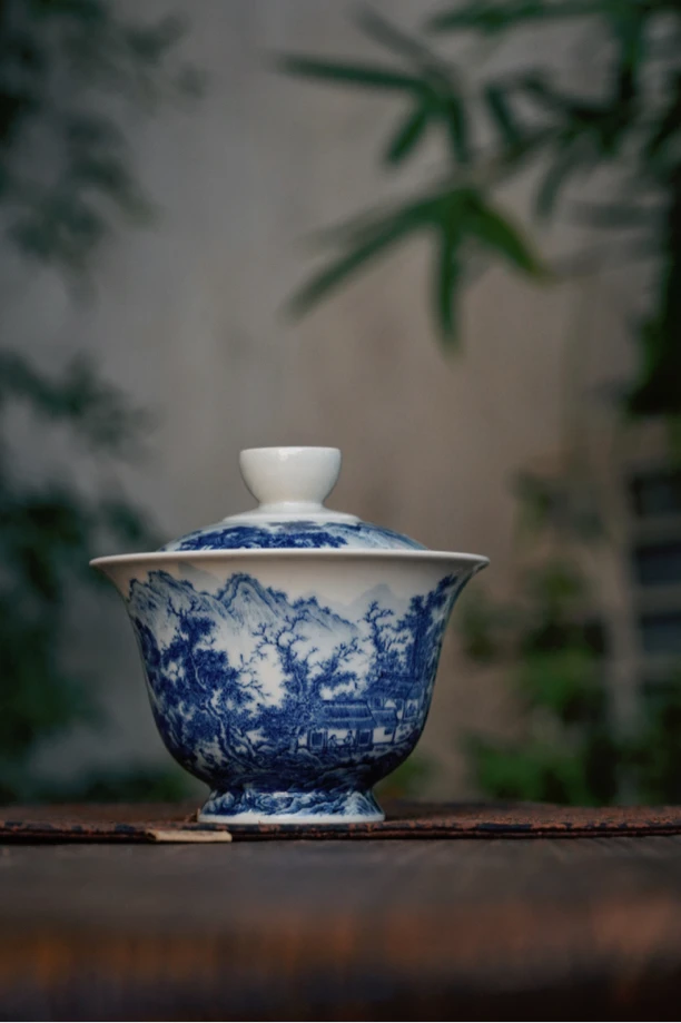柴窑手绘精工工笔山水两才盖碗容量120毫升 窑口画师绘制 灰釉