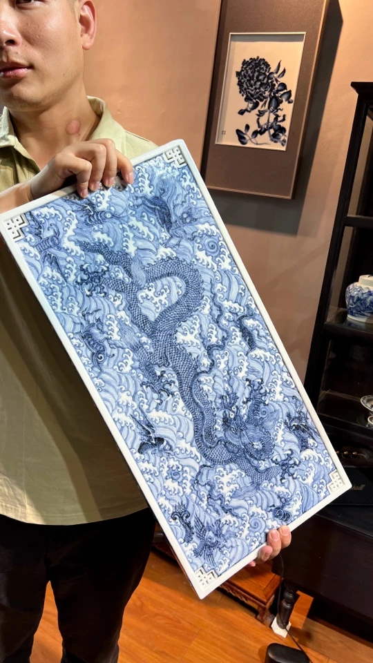 手绘青花海水霸王龙纹海兽纹大茶盘干泡台60✖️30尺寸 顺丰含礼盒