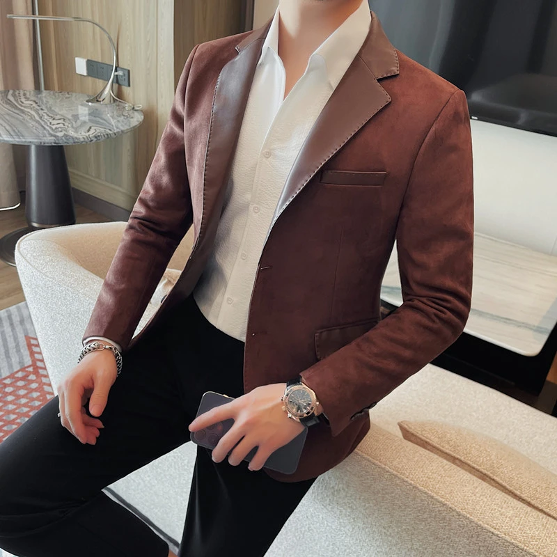 复古小西装外套男秋冬款商务单西高级感休闲男士皮领韩版修身西服