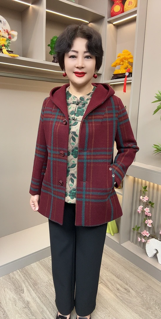 GY#822秋冬时尚洋气格子连帽毛呢外套，衣长70