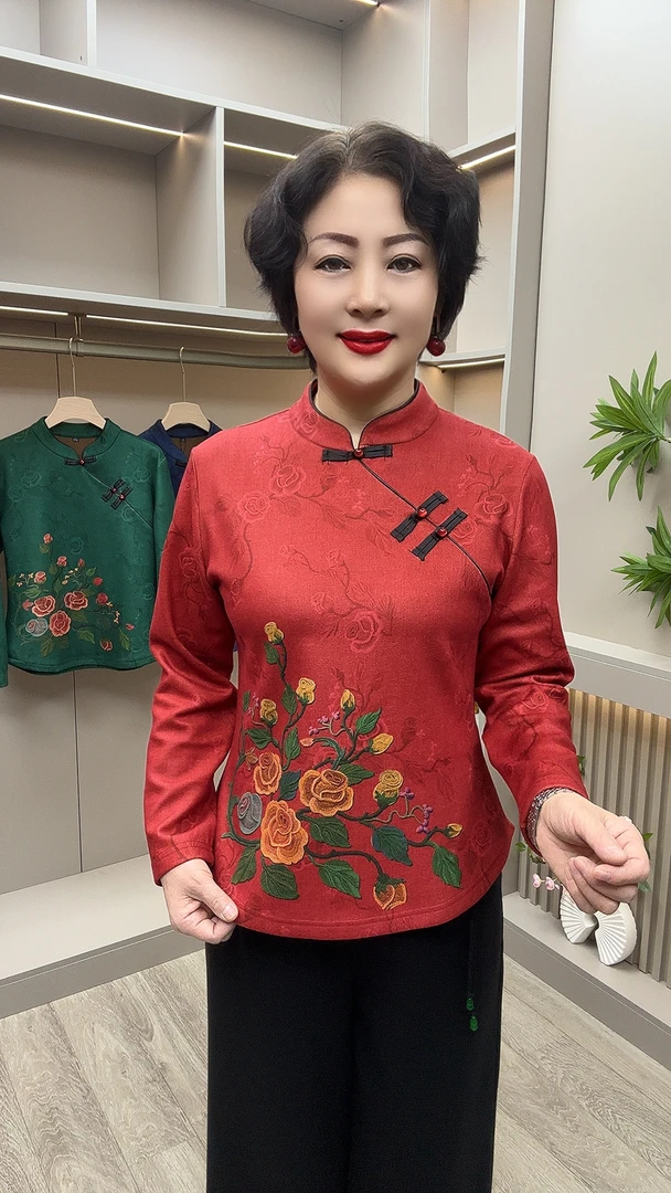 MS#2976秋冬中国风复古长袖妈妈装小衫，衣长60