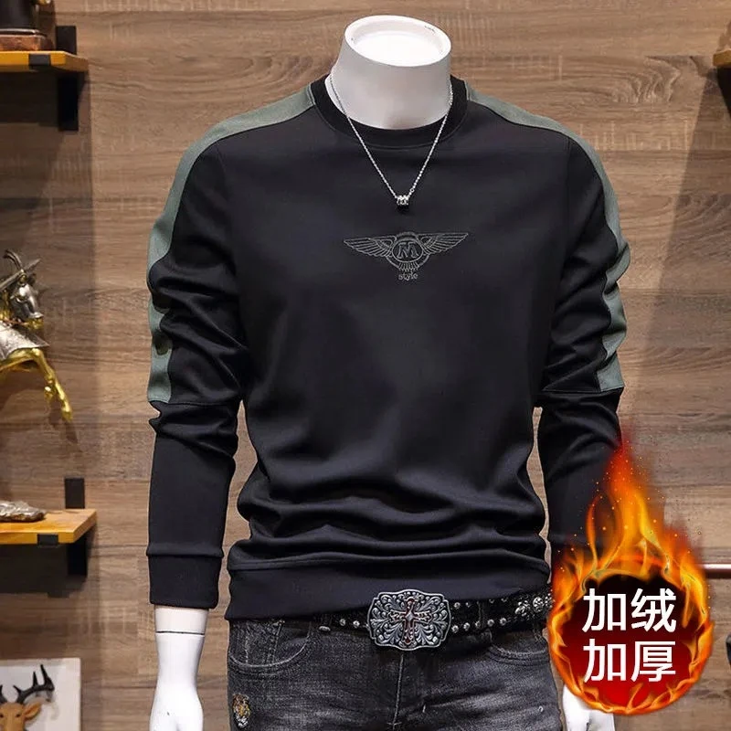 加绒秋冬季保暖卫衣男新款韩版潮流修身圆领套头拼色刺绣加绒外套