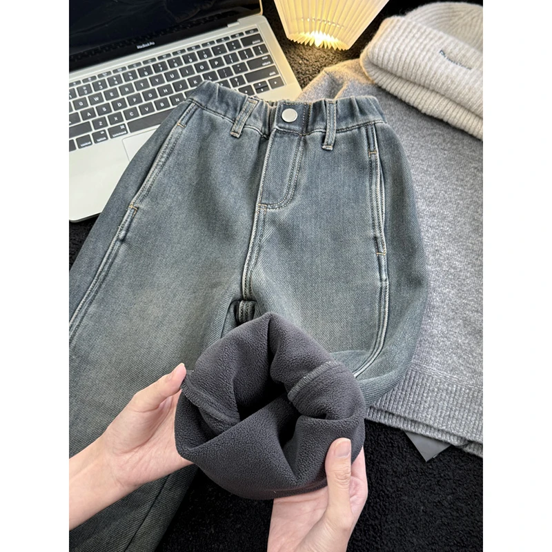 男女童牛仔裤秋冬新款中大童复古洗水奥粒绒加绒保暖儿童直筒长裤