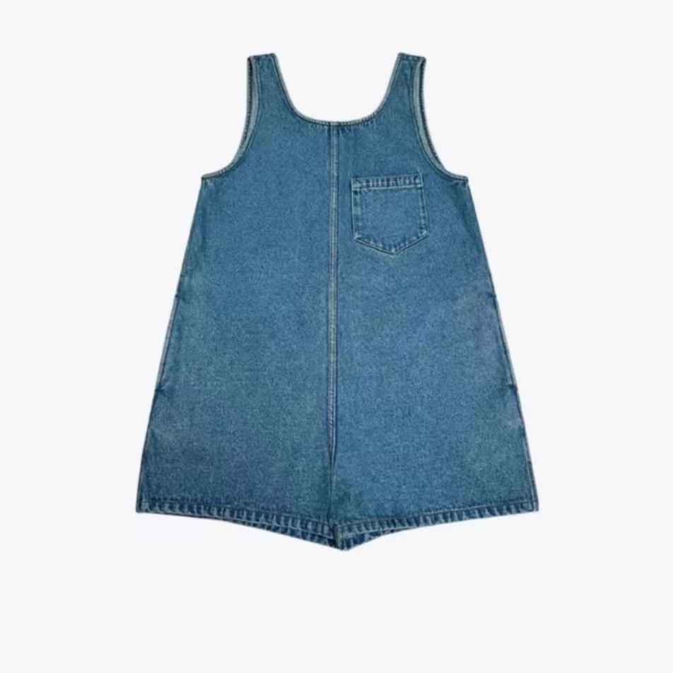 新款复古小众设计宽松时尚休闲蓝水洗经典百搭连体（牛仔连体短裤）