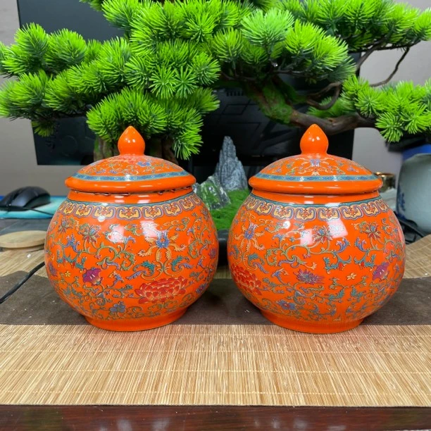 珐琅彩橘色将军罐密封罐储蓄罐e386