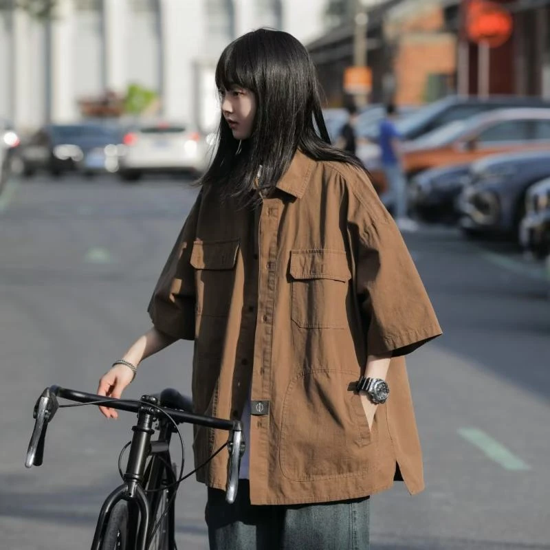 棕咖色工装短袖衬衫男日系复古cityboy衬衣外套港风潮流穿搭上衣