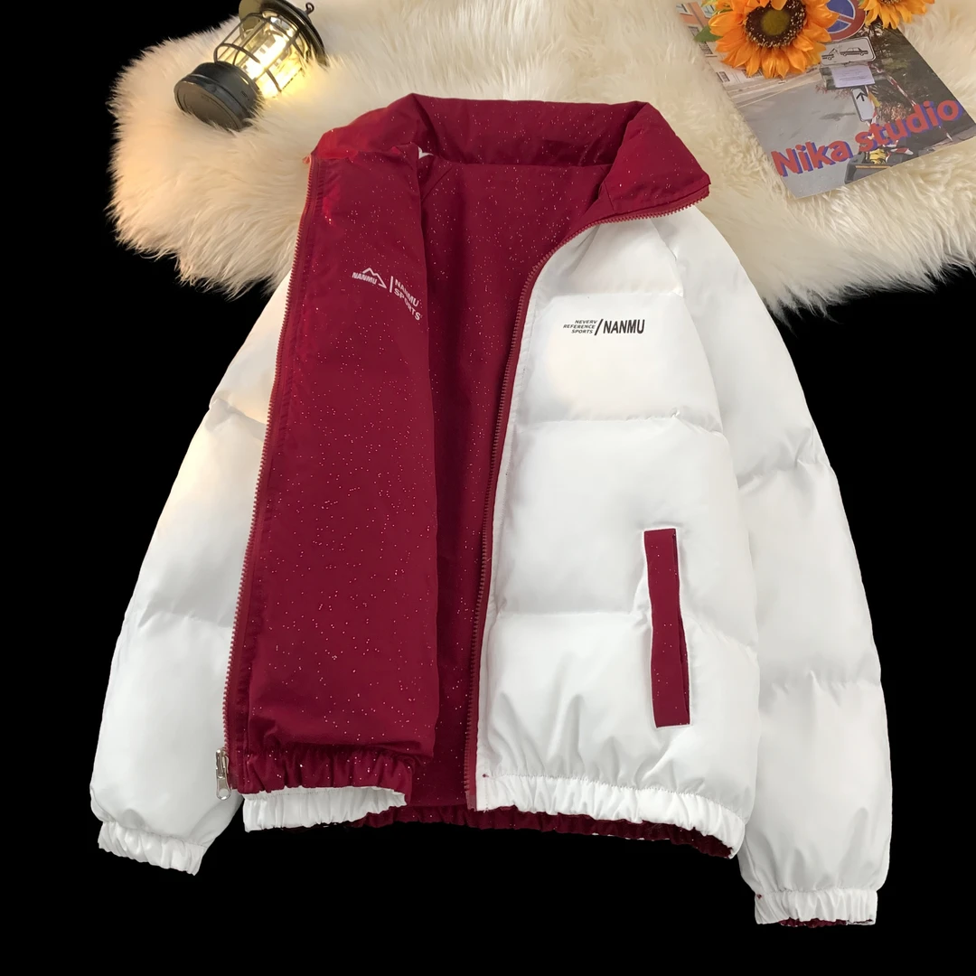 两面穿棉服男冬季满天星立领加厚保暖外套红白色2025新款棉衣袄子