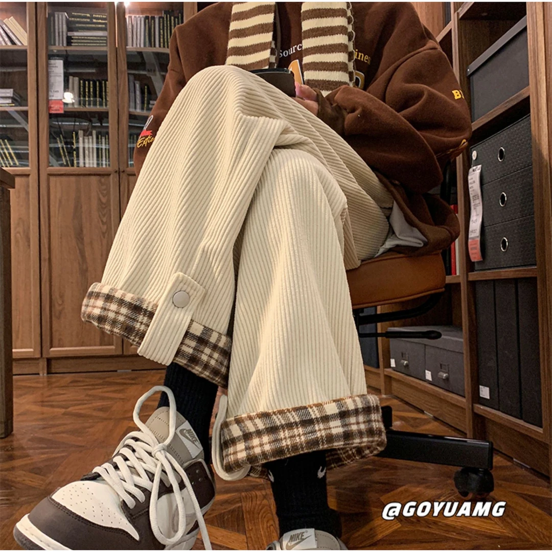 日系灯芯绒卷边格子裤子男秋冬加绒加厚运动裤宽松直筒阔腿休闲裤