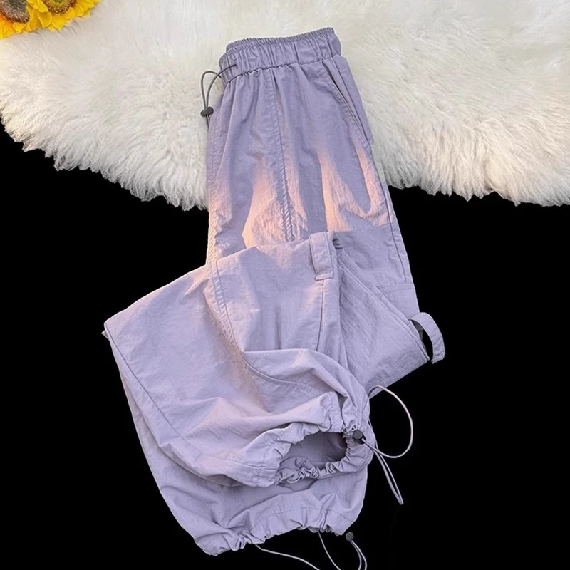 美式降落伞工装裤男秋今年流行紫色防晒阔腿束脚薄款速干冲锋裤子