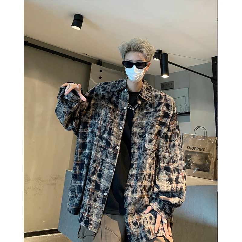 美式复古扎染格子长袖衬衫男炸街痞帅格纹衬衣秋冬高级感宽松外套