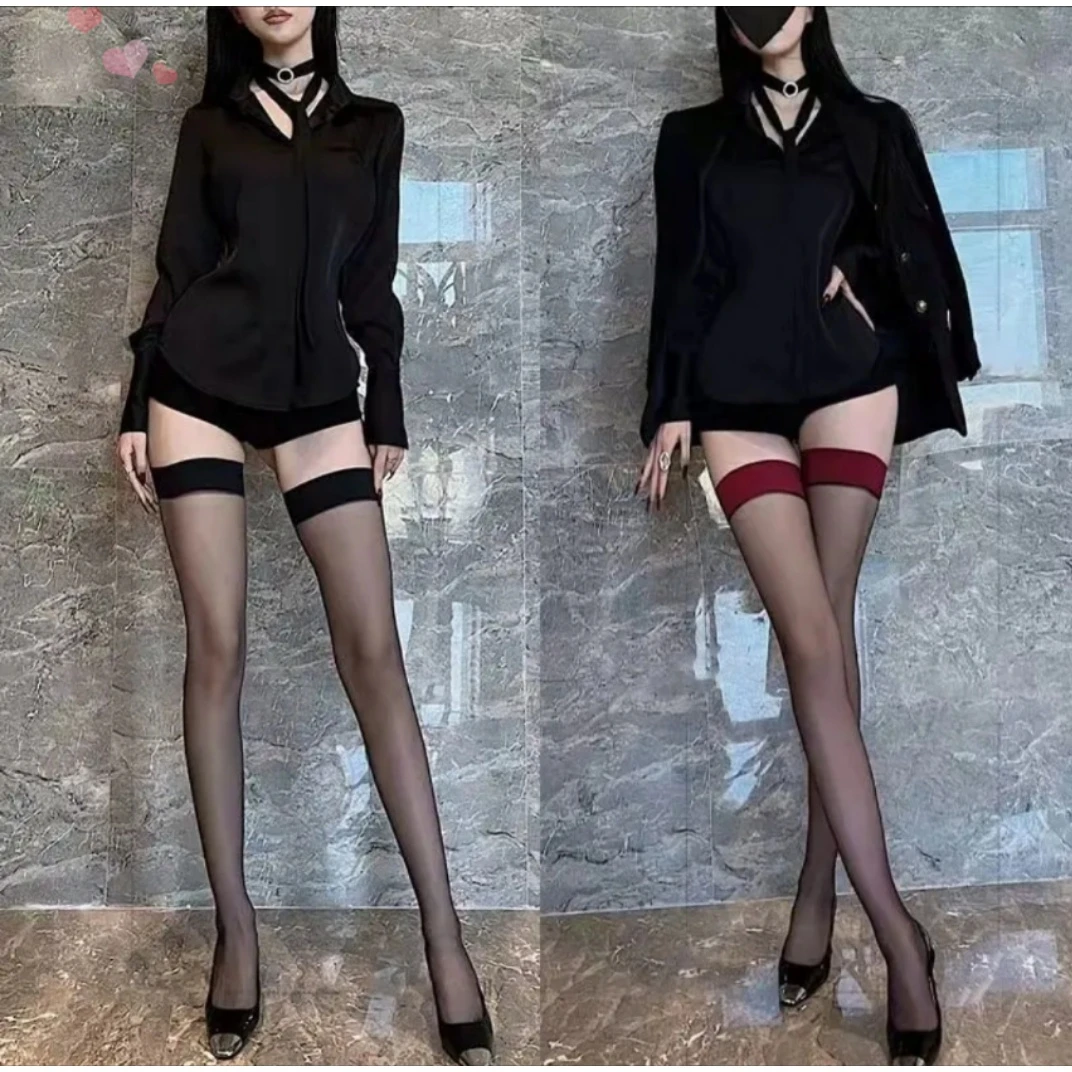 网红氛围感红边丝袜2023高筒过膝超薄长袜黑色夏季薄款长筒袜