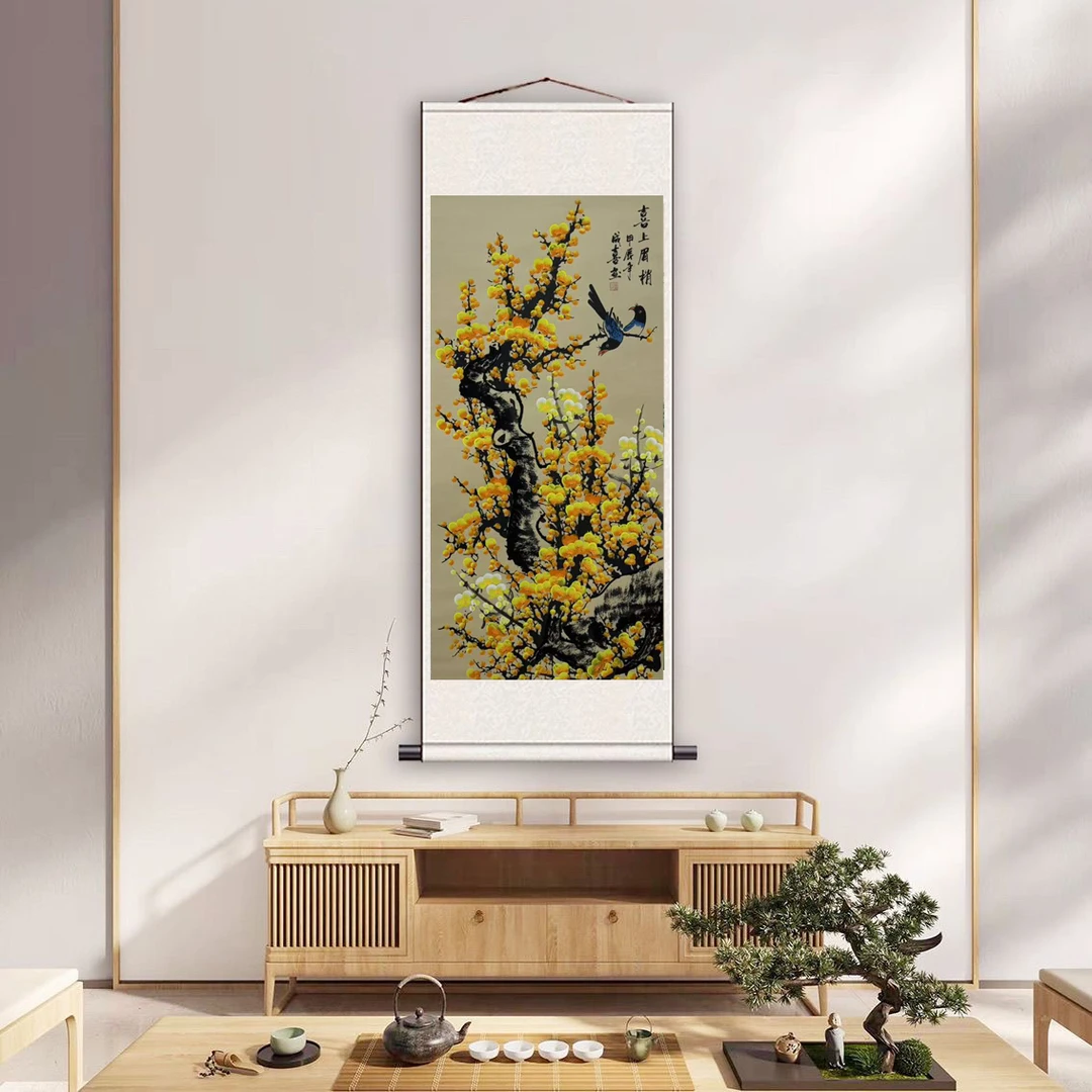 包邮仿古金梅《喜上眉梢》玄关画中堂画艺术装饰画软装裱