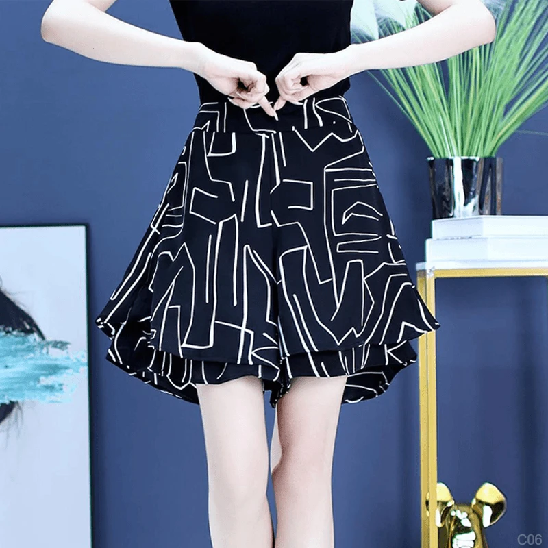 冰丝阔腿裤裙半身裙女高腰a字短裙夏季薄款松紧雪纺垂感大脚短裤