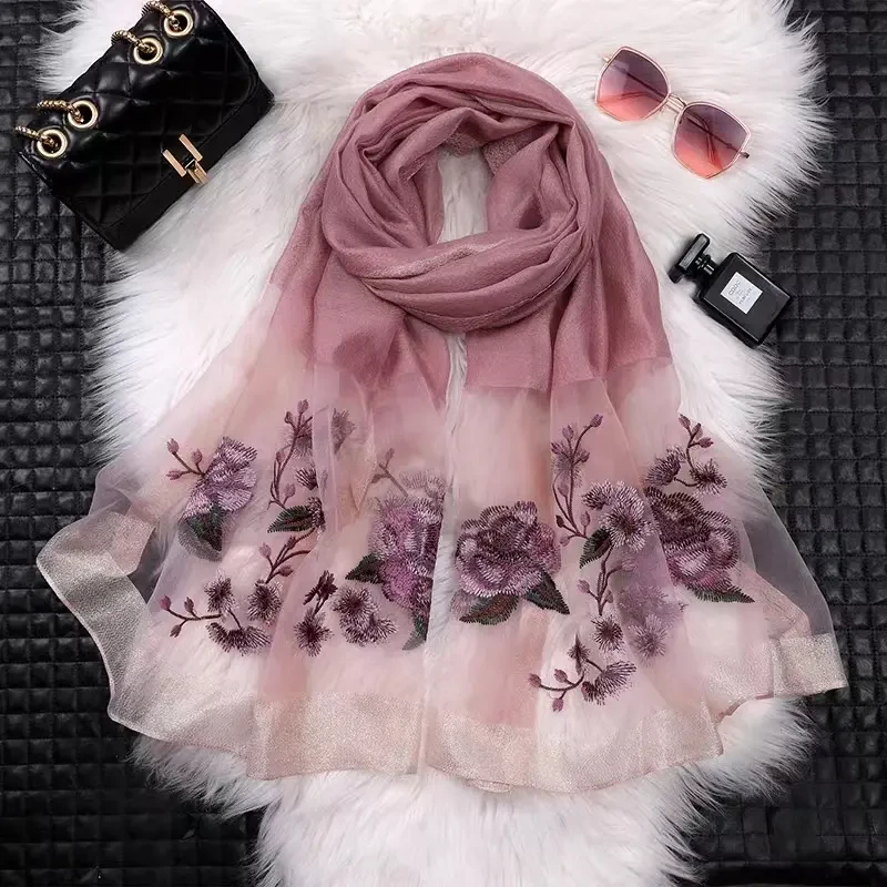 [国色天香]皮紫色2023新款刺绣款175*75桑蚕丝围巾百搭丝巾绣花