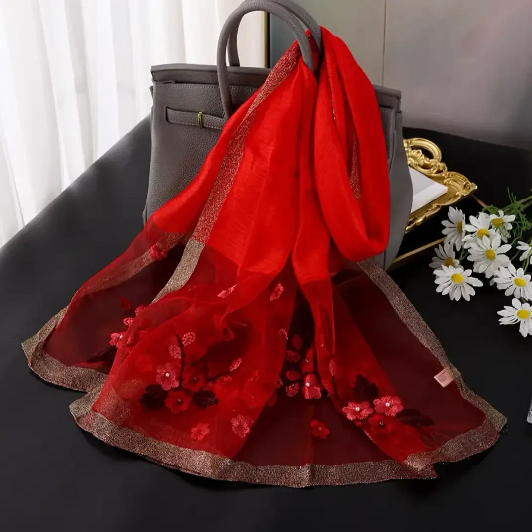 [海棠花]大红色2023新款刺绣款175*75桑蚕丝围巾百搭丝巾绣花