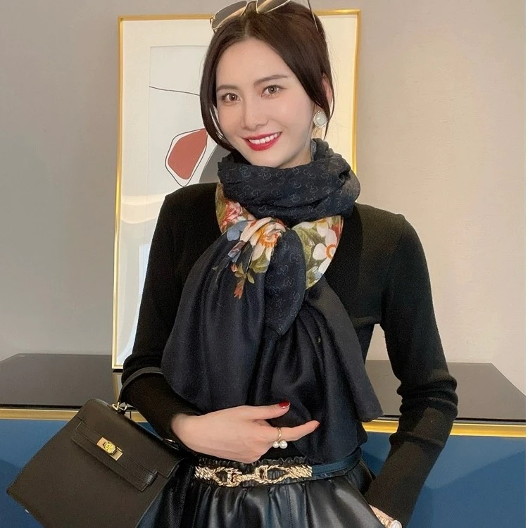 [花卉]黑色90*180洋气高档时尚百搭韩版拼色女士双面薄款民族风