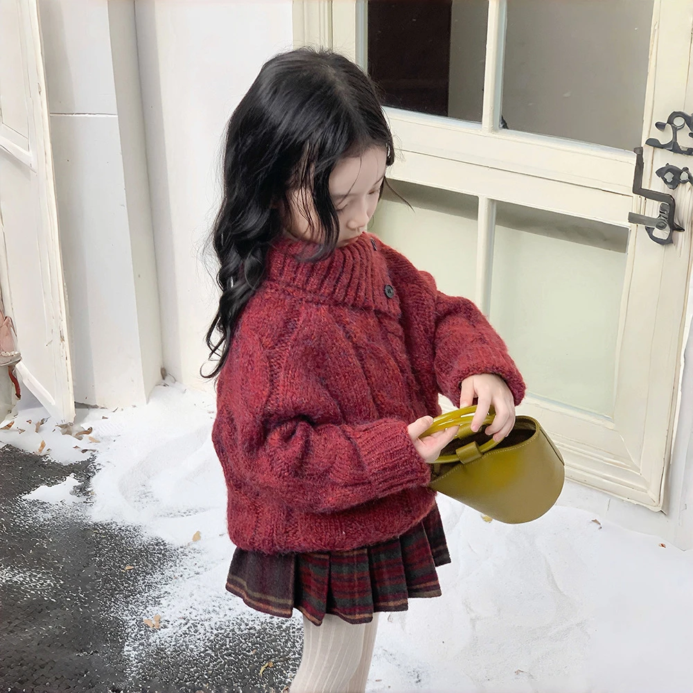 秋冬新款儿童女童洋气红色套头毛衣上衣红长裤半裙套装春装针织衫