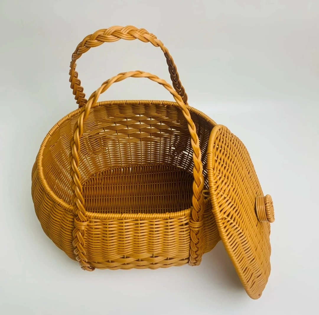 K55仿藤手工编织复古麻花辫提手鸡蛋篮购物篮釆摘篮拜拜篮野餐篮